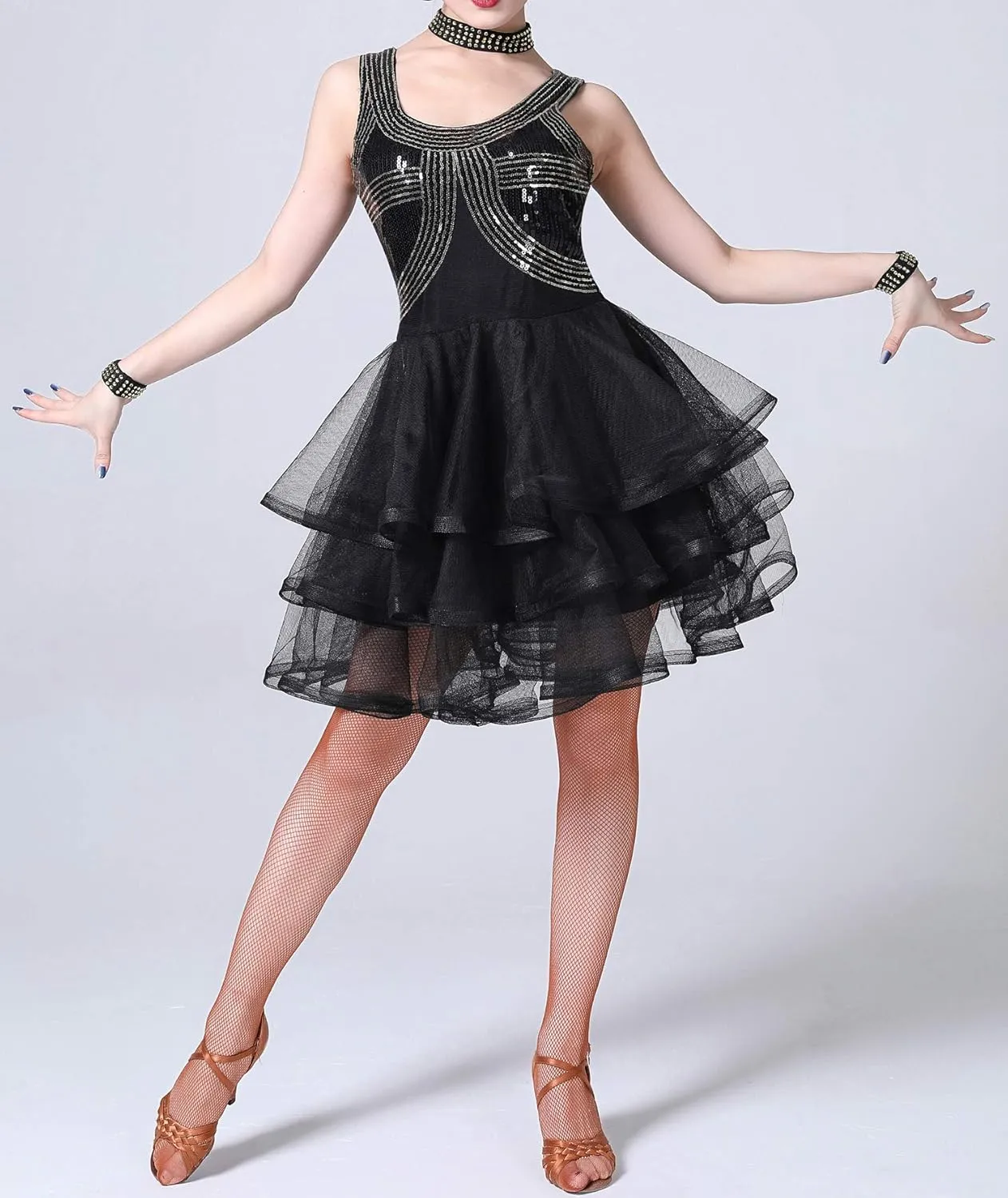 Whitewed Sparkle Vintage Sequin Latin Dance Performance Costumes Dresses Wears