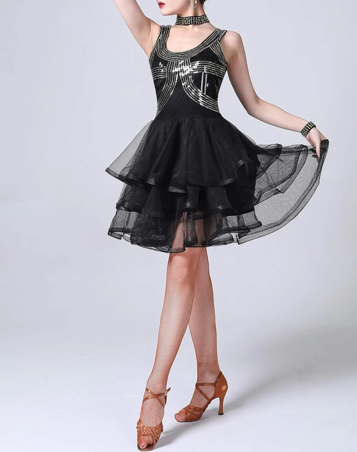 Whitewed Sparkle Vintage Sequin Latin Dance Performance Costumes Dresses Wears