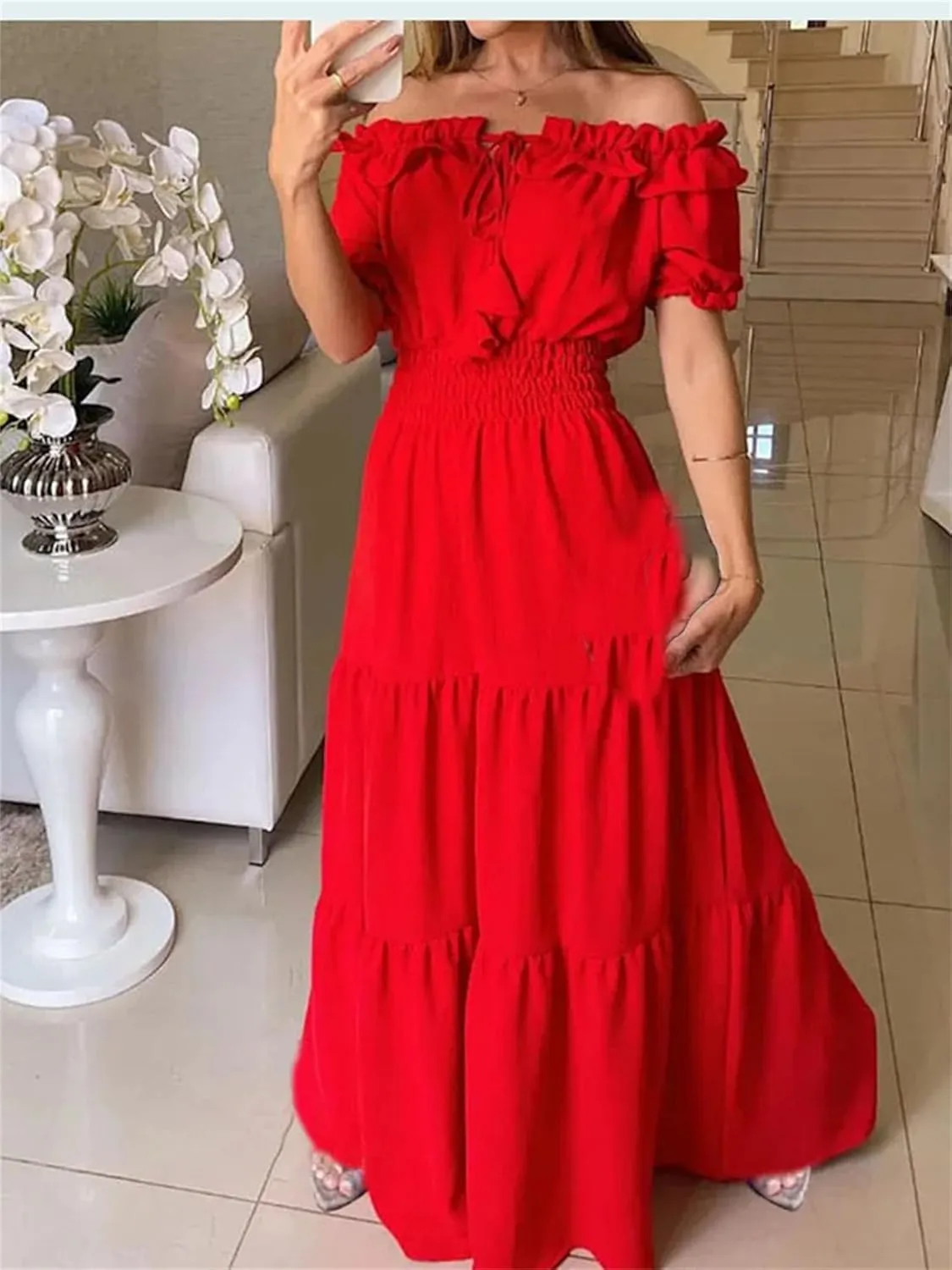 Woman Casual Slash Neck Long Skirts Summer Party Maxi Dress Office Dresses
