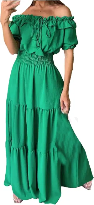 Woman Casual Slash Neck Long Skirts Summer Party Maxi Dress Office Dresses