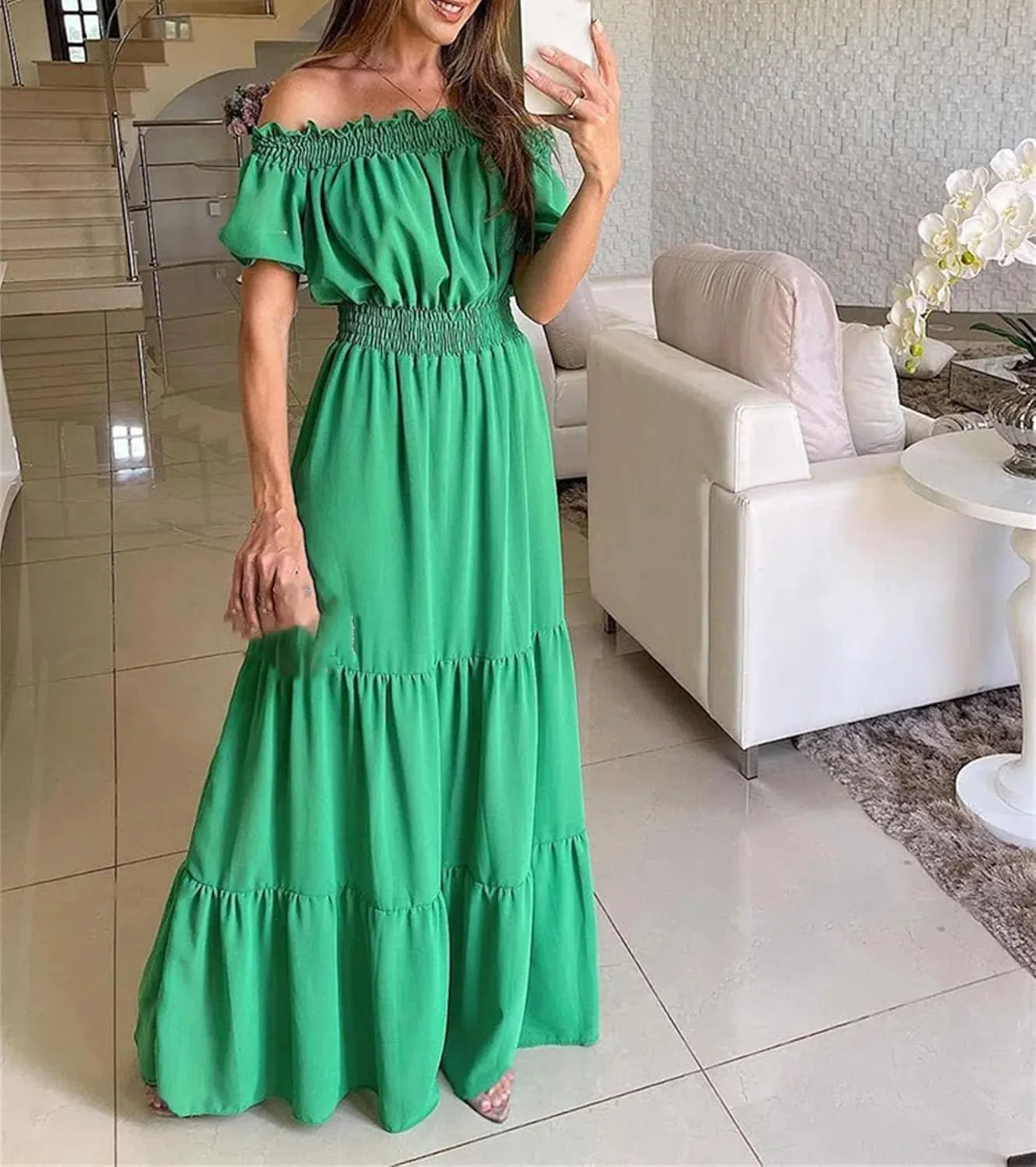 Woman Casual Slash Neck Long Skirts Summer Party Maxi Dress Office Dresses