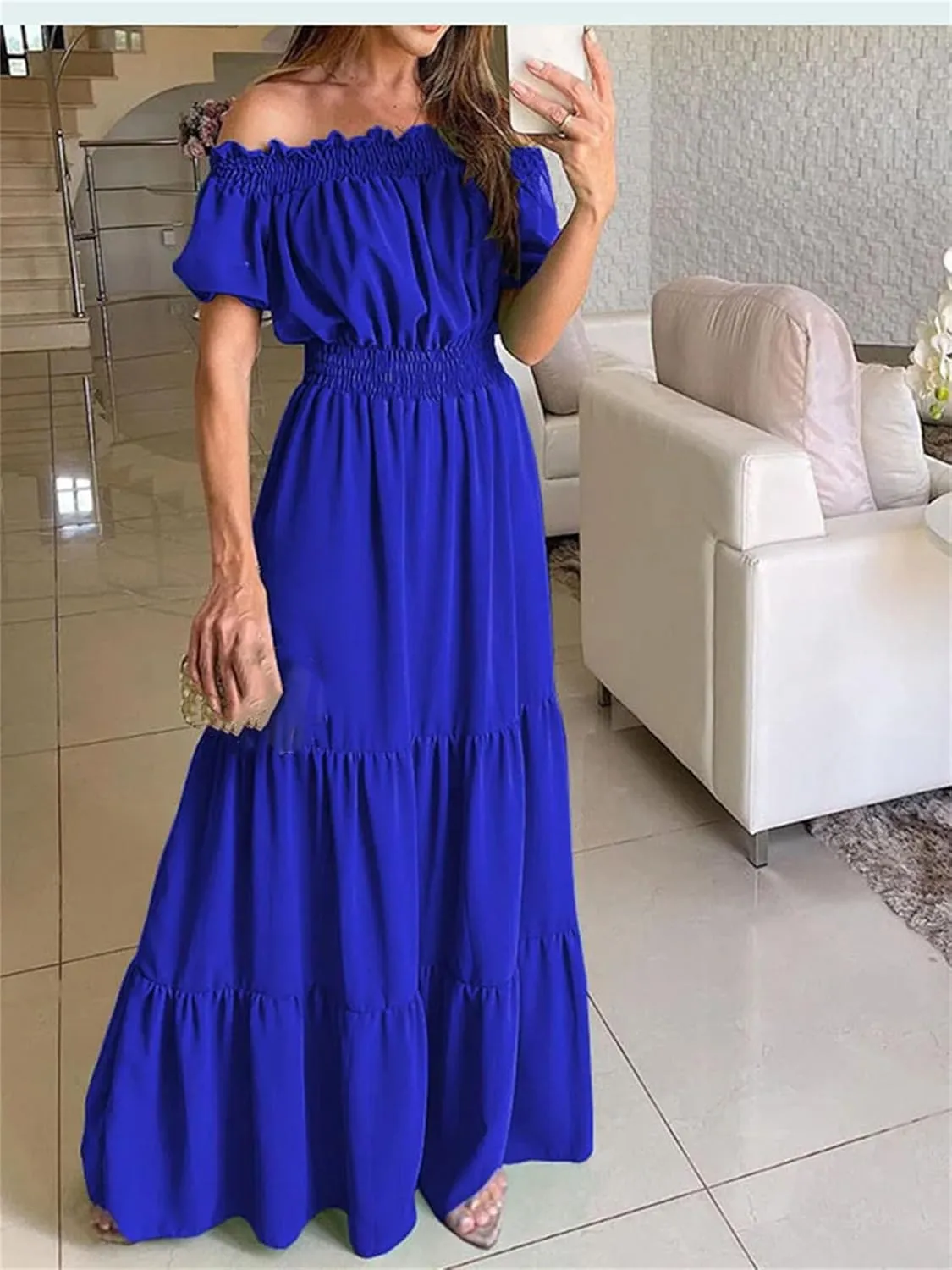 Woman Casual Slash Neck Long Skirts Summer Party Maxi Dress Office Dresses