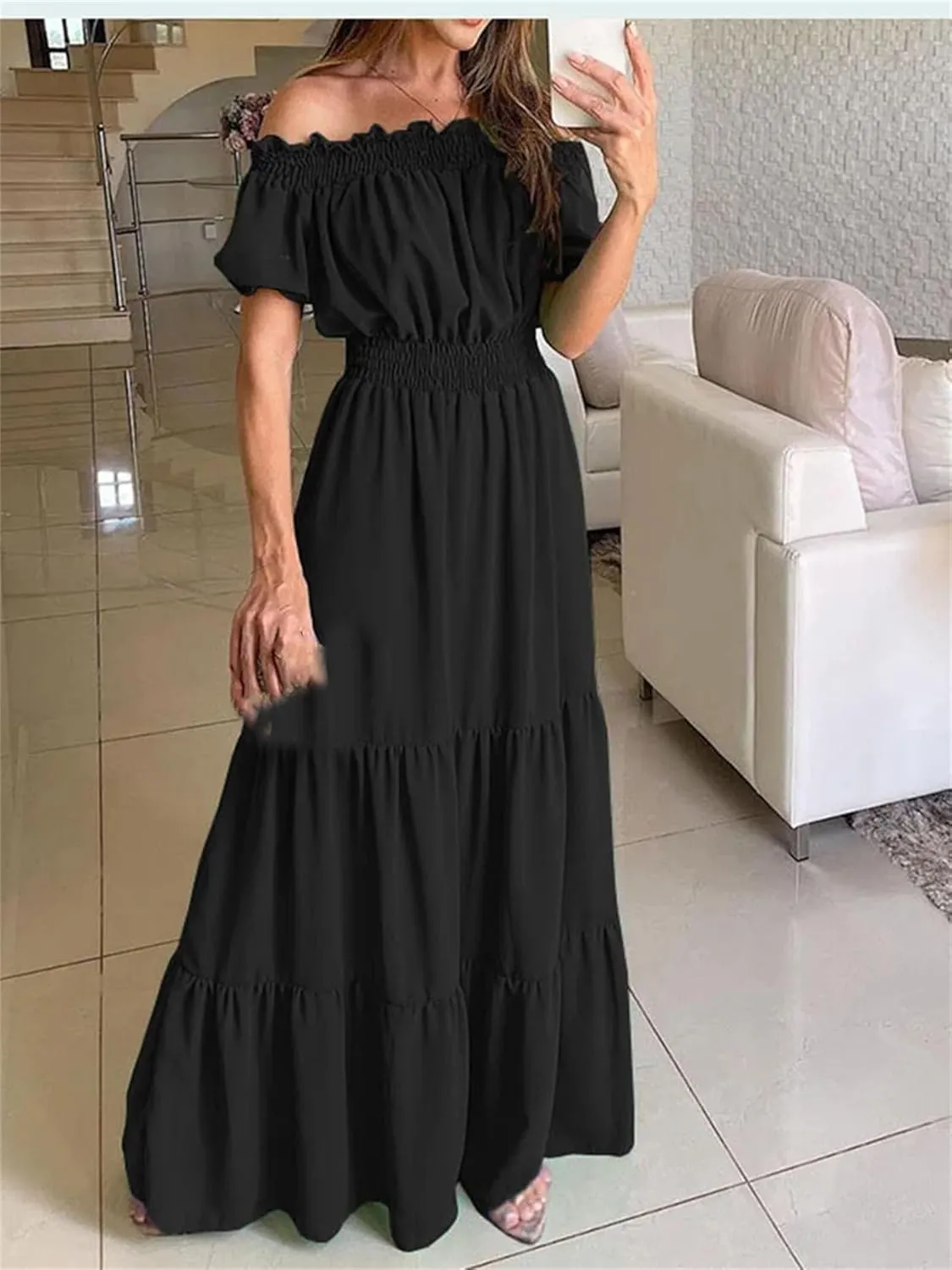 Woman Casual Slash Neck Long Skirts Summer Party Maxi Dress Office Dresses