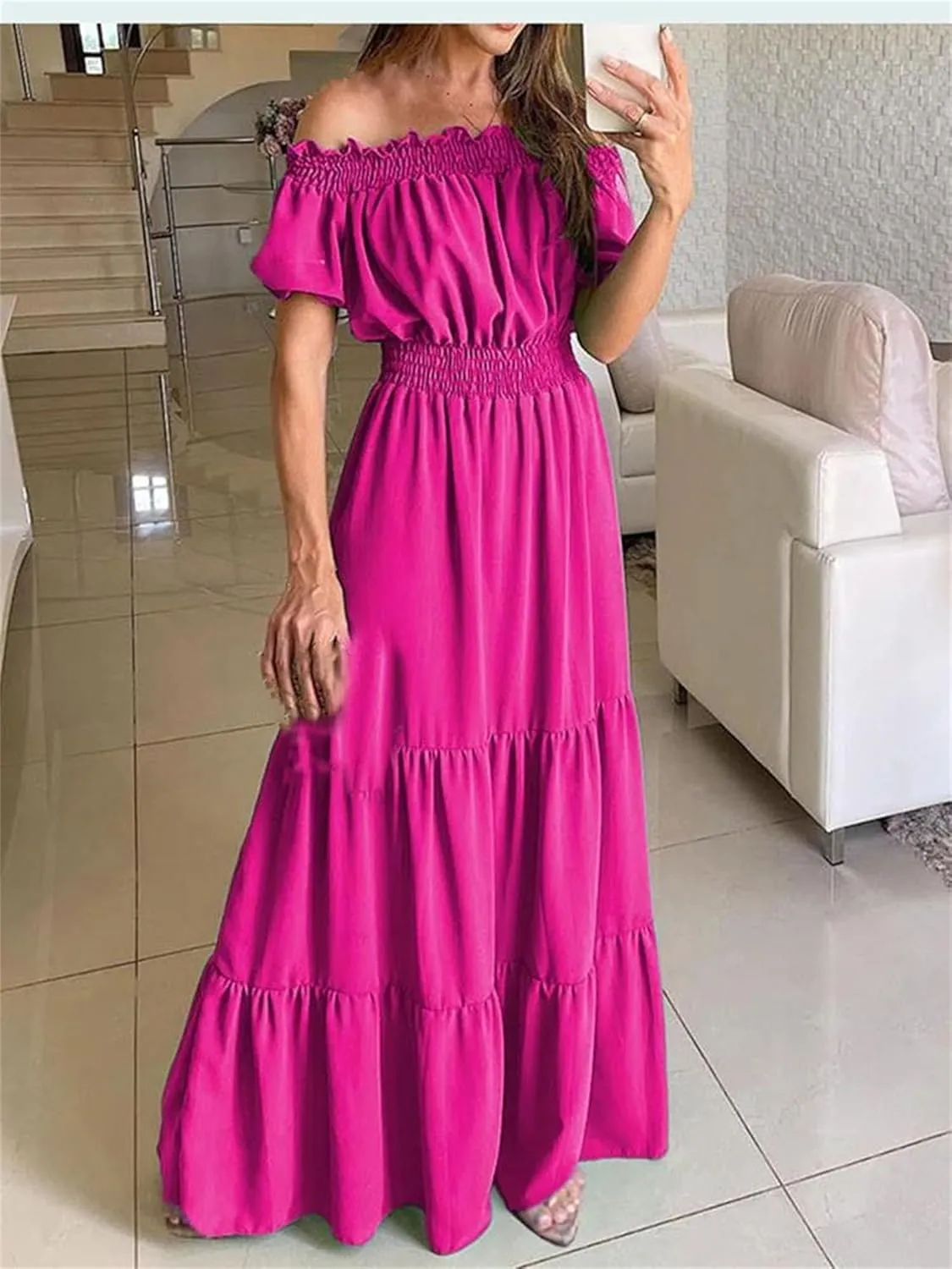 Woman Casual Slash Neck Long Skirts Summer Party Maxi Dress Office Dresses
