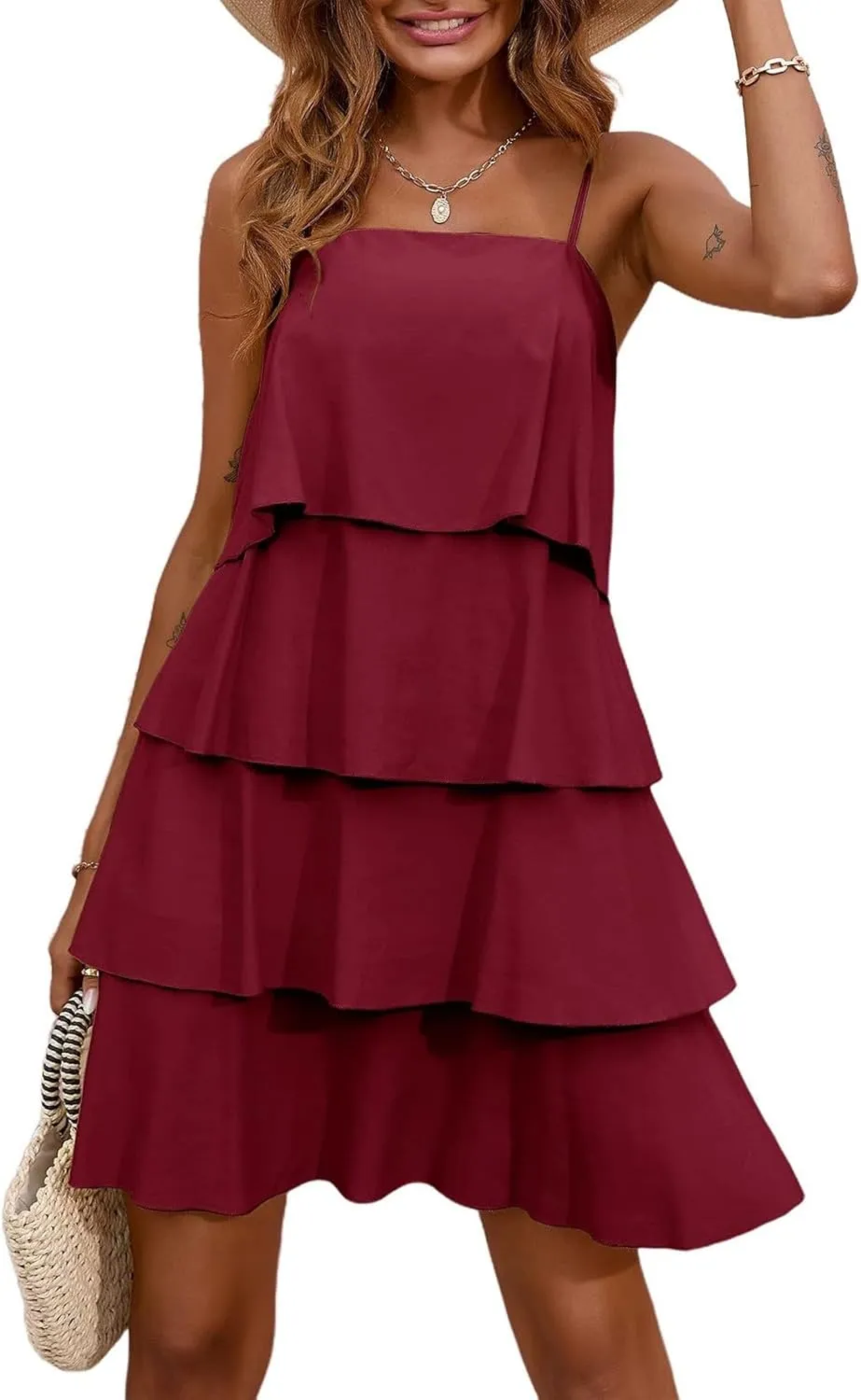 Women Boho Solid Dress Summer Ruffle Layered Flutter Halter Dress Fashion Sleeveless Beach Dress Sundresses
