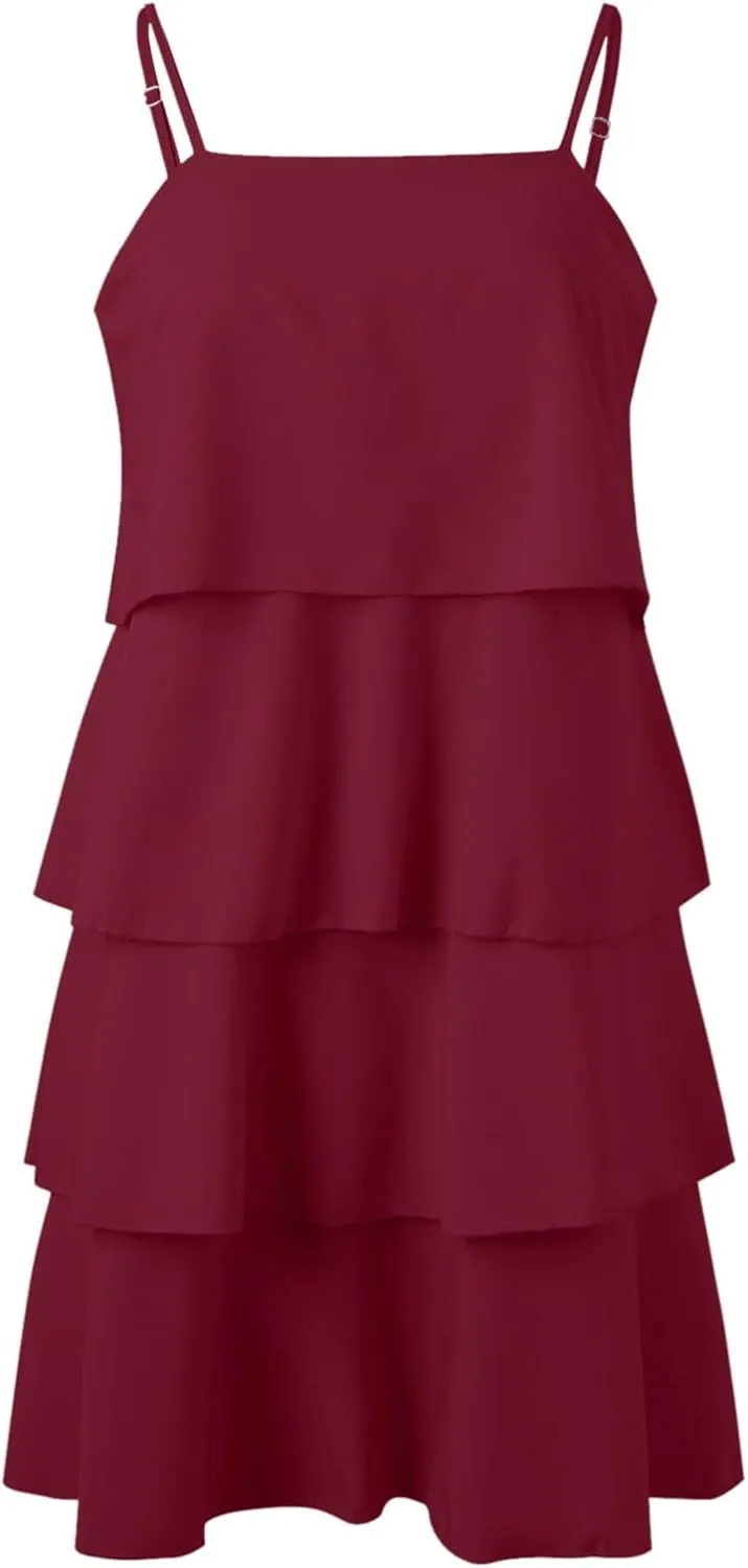 Women Boho Solid Dress Summer Ruffle Layered Flutter Halter Dress Fashion Sleeveless Beach Dress Sundresses