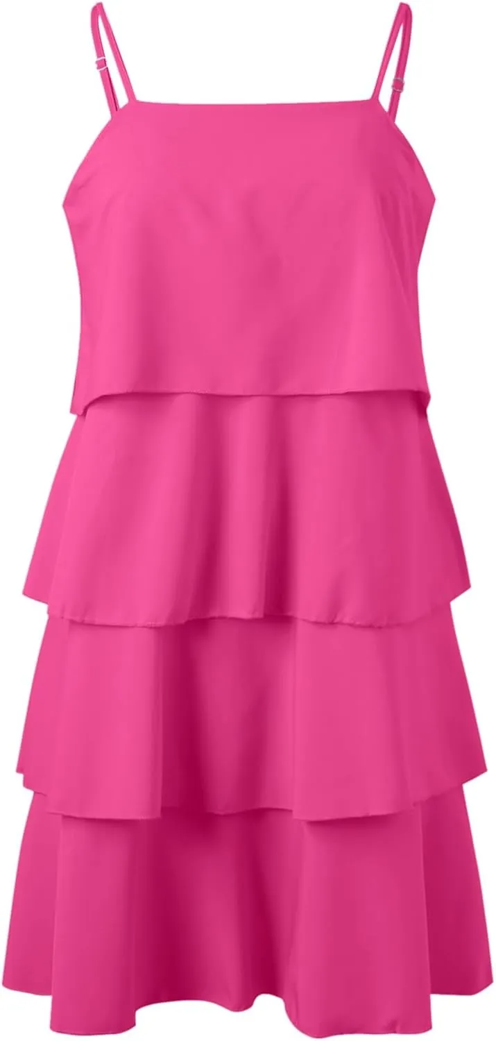 Women Boho Solid Dress Summer Ruffle Layered Flutter Halter Dress Fashion Sleeveless Beach Dress Sundresses