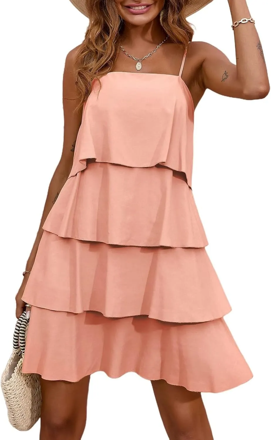 Women Boho Solid Dress Summer Ruffle Layered Flutter Halter Dress Fashion Sleeveless Beach Dress Sundresses
