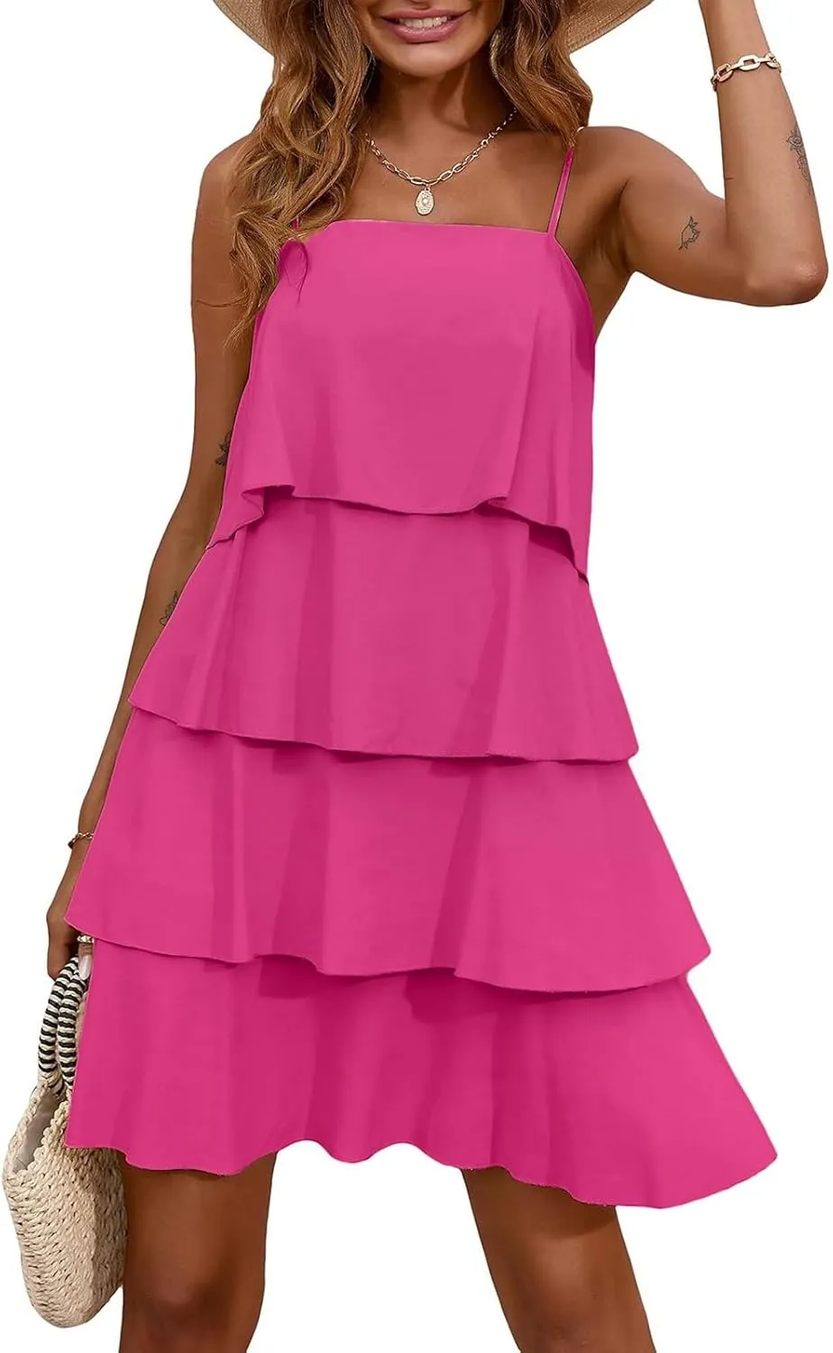 Women Boho Solid Dress Summer Ruffle Layered Flutter Halter Dress Fashion Sleeveless Beach Dress Sundresses
