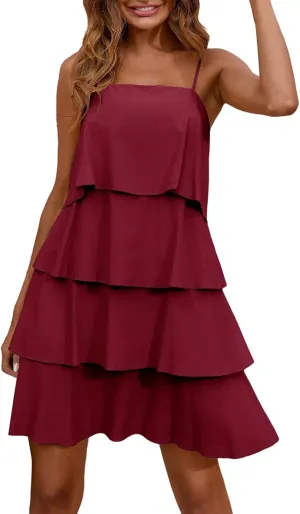 Women Boho Solid Dress Summer Ruffle Layered Flutter Halter Dress Fashion Sleeveless Beach Dress Sundresses