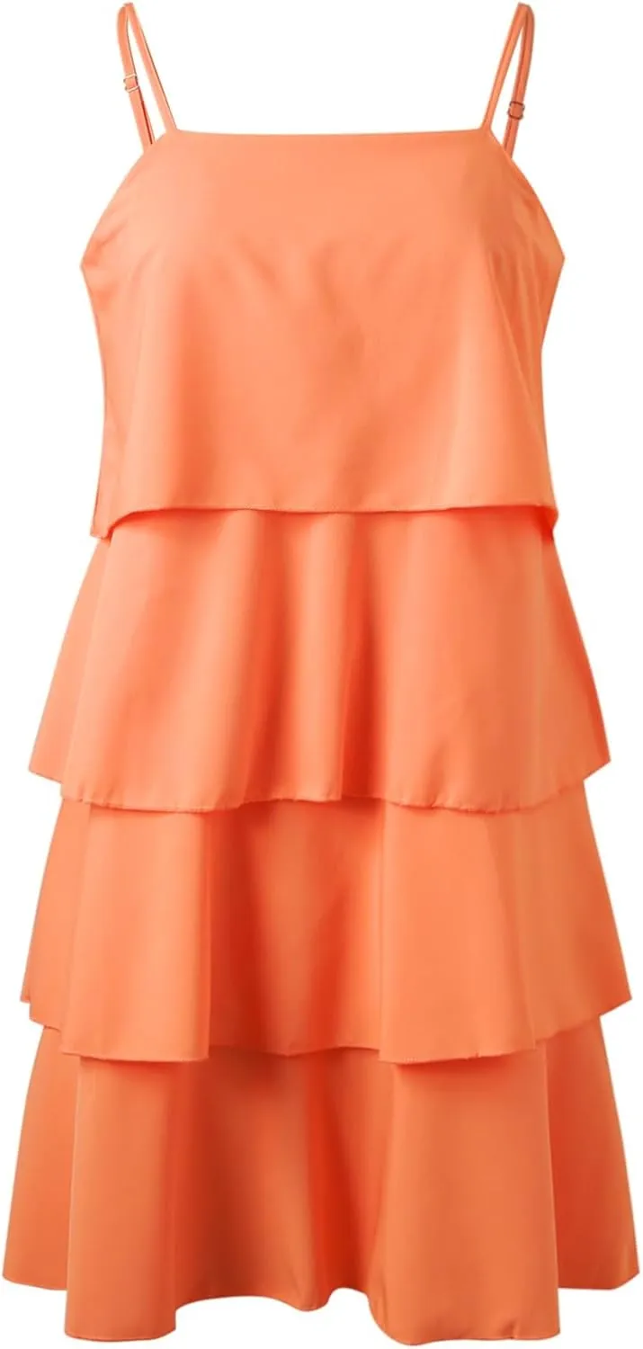 Women Boho Solid Dress Summer Ruffle Layered Flutter Halter Dress Fashion Sleeveless Beach Dress Sundresses
