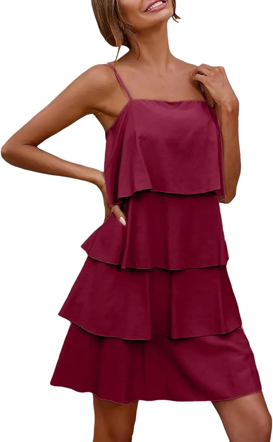 Women Boho Solid Dress Summer Ruffle Layered Flutter Halter Dress Fashion Sleeveless Beach Dress Sundresses