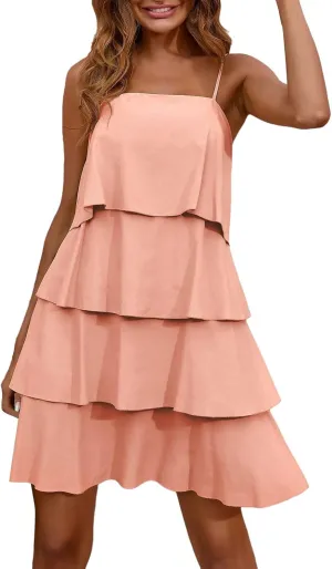 Women Boho Solid Dress Summer Ruffle Layered Flutter Halter Dress Fashion Sleeveless Beach Dress Sundresses
