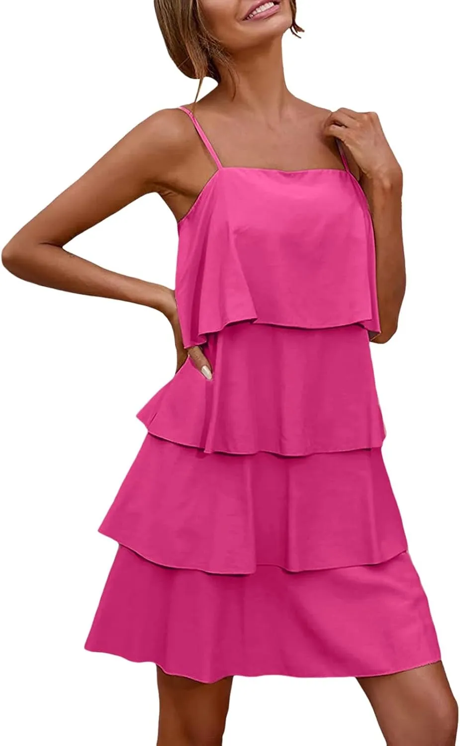 Women Boho Solid Dress Summer Ruffle Layered Flutter Halter Dress Fashion Sleeveless Beach Dress Sundresses