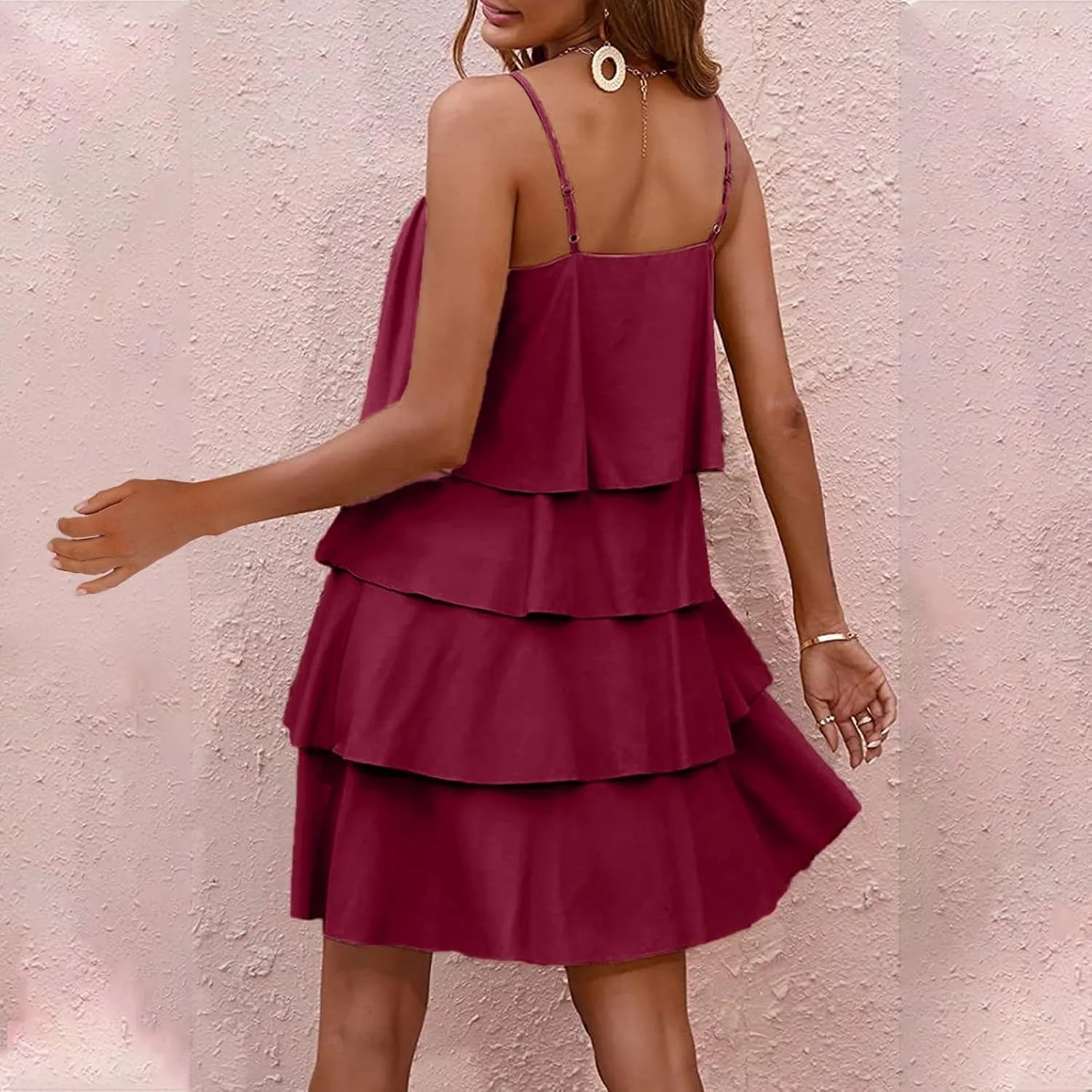 Women Boho Solid Dress Summer Ruffle Layered Flutter Halter Dress Fashion Sleeveless Beach Dress Sundresses