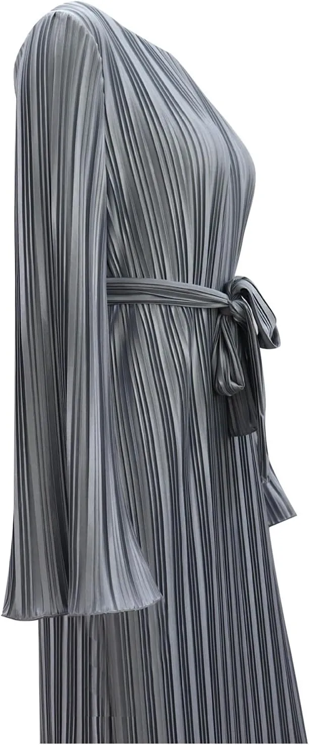 Women Casual Solid Color Round Neck Bell Sleeve Pleated Dress Casual Maxi Dresses for Women Summer