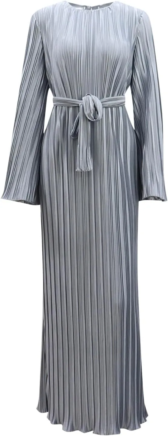 Women Casual Solid Color Round Neck Bell Sleeve Pleated Dress Casual Maxi Dresses for Women Summer