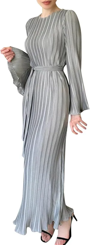 Women Casual Solid Color Round Neck Bell Sleeve Pleated Dress Casual Maxi Dresses for Women Summer