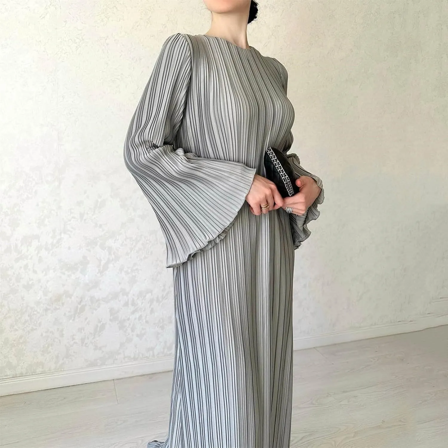Women Casual Solid Color Round Neck Bell Sleeve Pleated Dress Casual Maxi Dresses for Women Summer