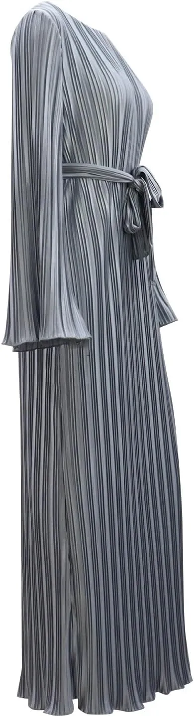 Women Casual Solid Color Round Neck Bell Sleeve Pleated Dress Casual Maxi Dresses for Women Summer