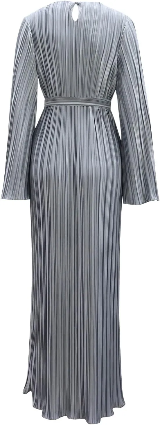 Women Casual Solid Color Round Neck Bell Sleeve Pleated Dress Casual Maxi Dresses for Women Summer