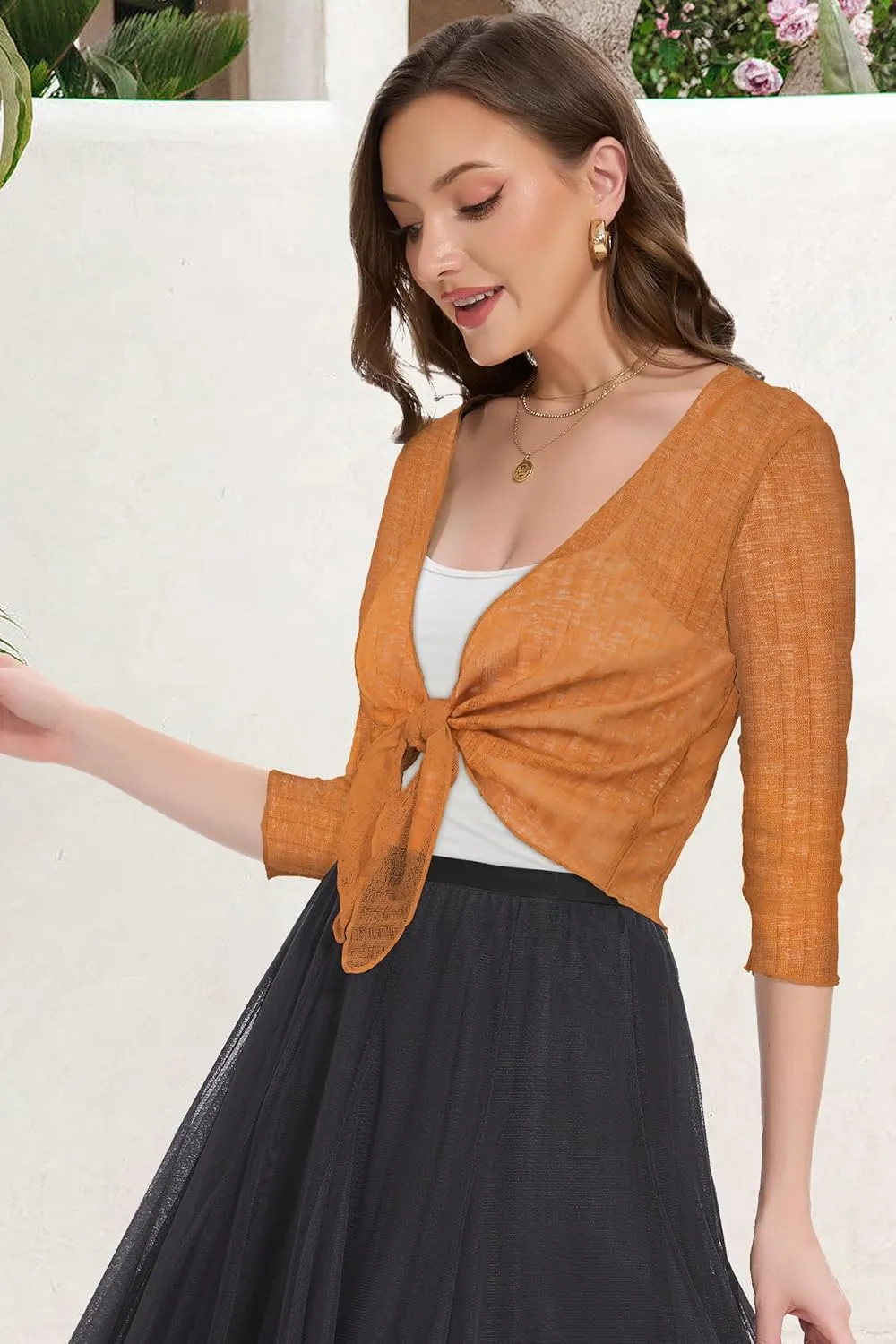 Women Crop Cardigan Sheer Mesh Bolero Shrug for Dress Tie Front 3/4 Sleeve Tops