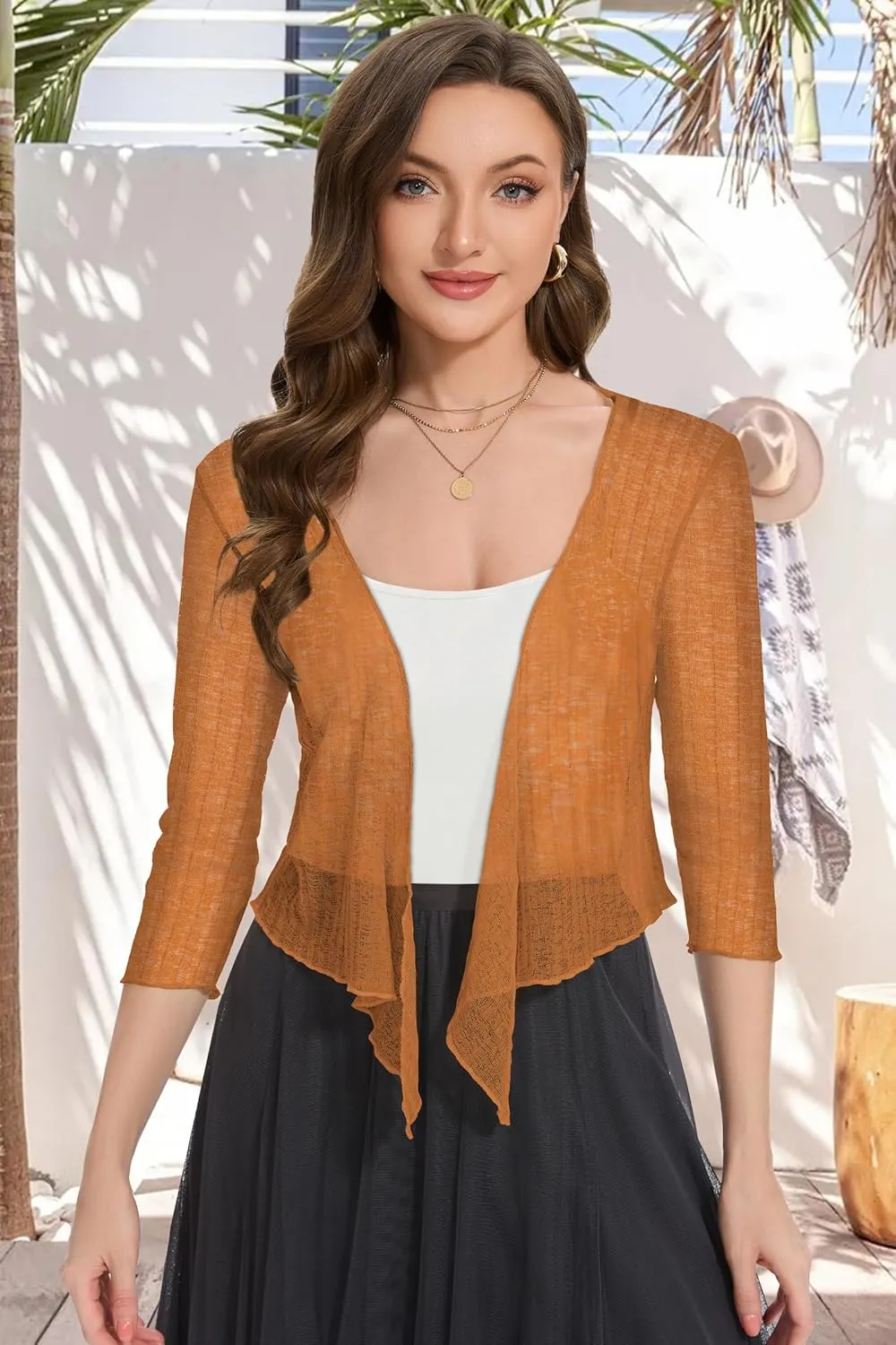 Women Crop Cardigan Sheer Mesh Bolero Shrug for Dress Tie Front 3/4 Sleeve Tops
