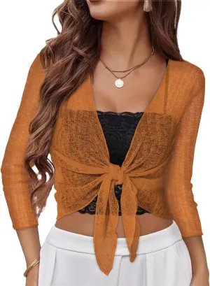 Women Crop Cardigan Sheer Mesh Bolero Shrug for Dress Tie Front 3/4 Sleeve Tops