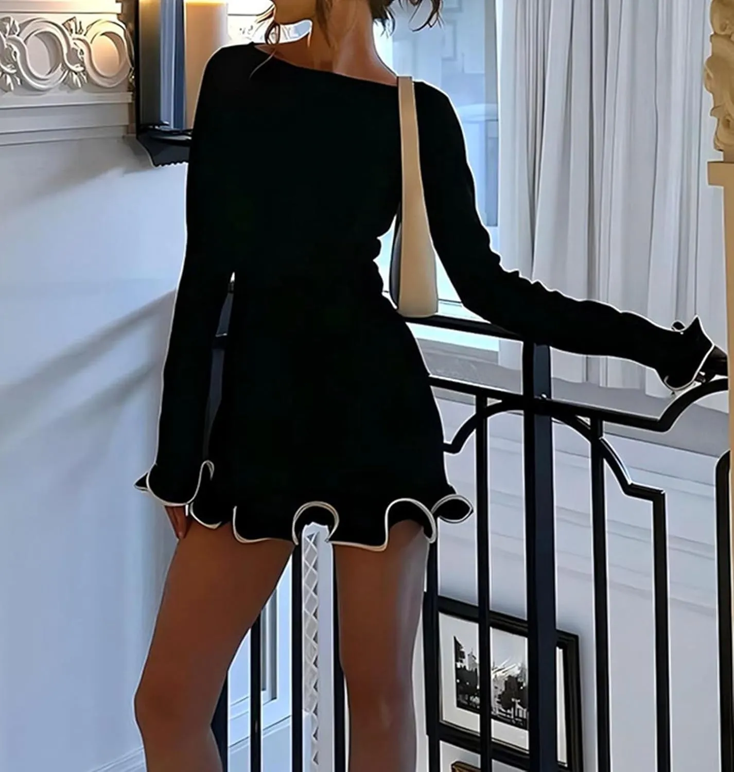 Women Elegant Long Sleeve Contrast Ruffle Knit Bodycon Mini Dress Boat Neck Y2k Sweater Short Cocktail Dresses