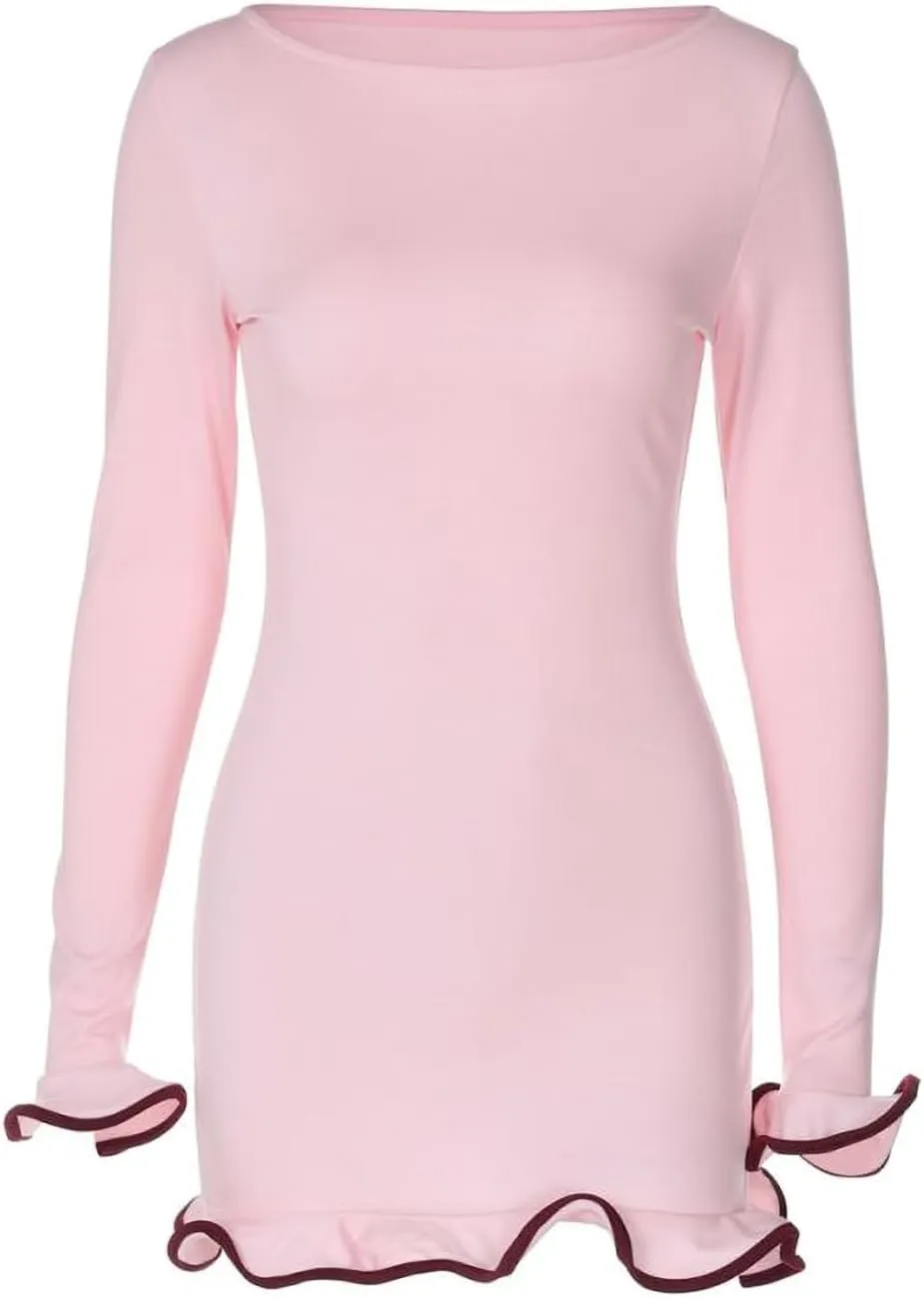 Women Elegant Long Sleeve Contrast Ruffle Knit Bodycon Mini Dress Boat Neck Y2k Sweater Short Cocktail Dresses