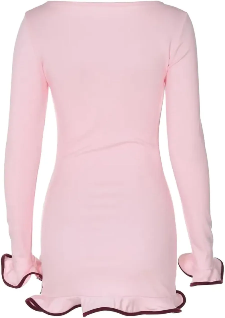 Women Elegant Long Sleeve Contrast Ruffle Knit Bodycon Mini Dress Boat Neck Y2k Sweater Short Cocktail Dresses