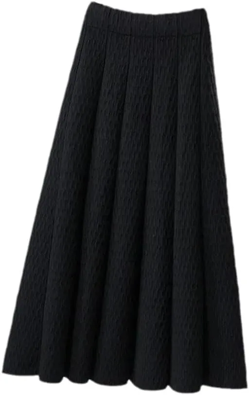 Women High Waist Knitted Midi Skirt Autumn Winter Simple Solid Pleated Skirts Elegant A-Line Midi Skirt