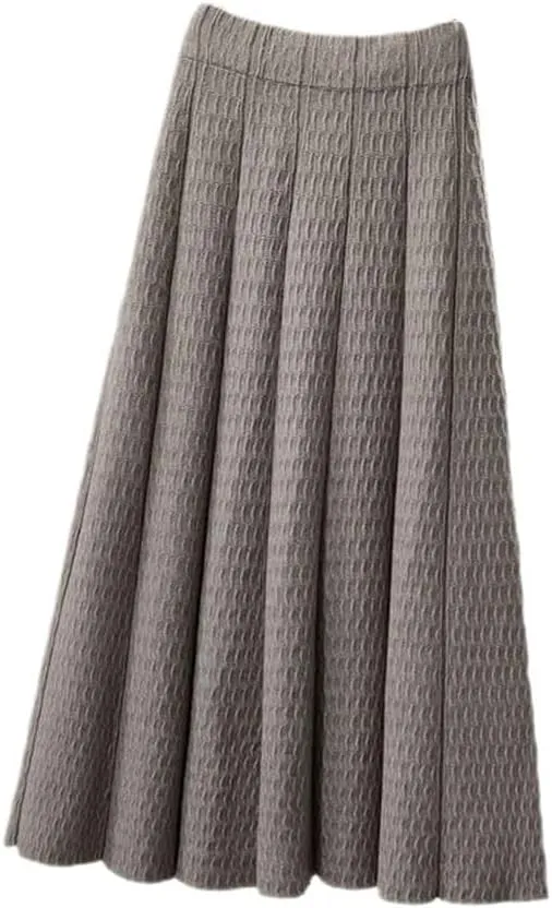 Women High Waist Knitted Midi Skirt Autumn Winter Simple Solid Pleated Skirts Elegant A-Line Midi Skirt