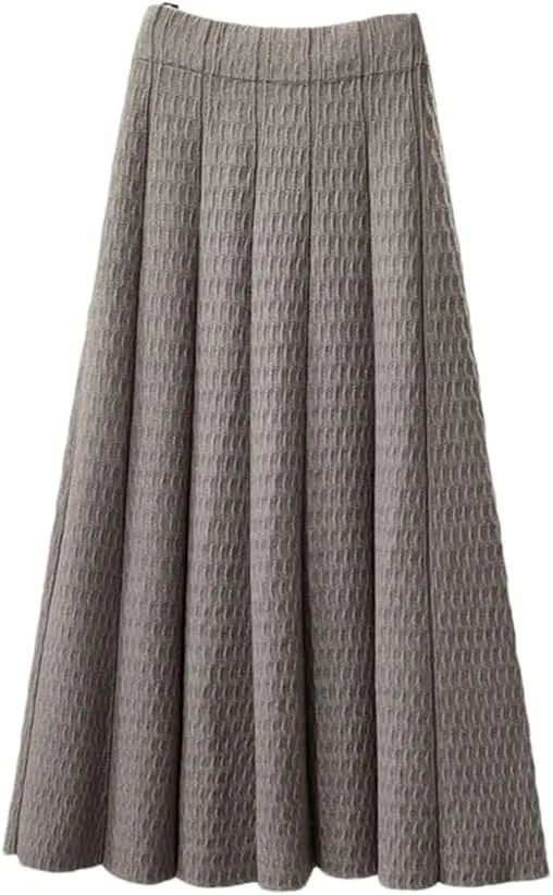 Women High Waist Knitted Midi Skirt Simple Solid Pleated Med-Long A-Line Skirts