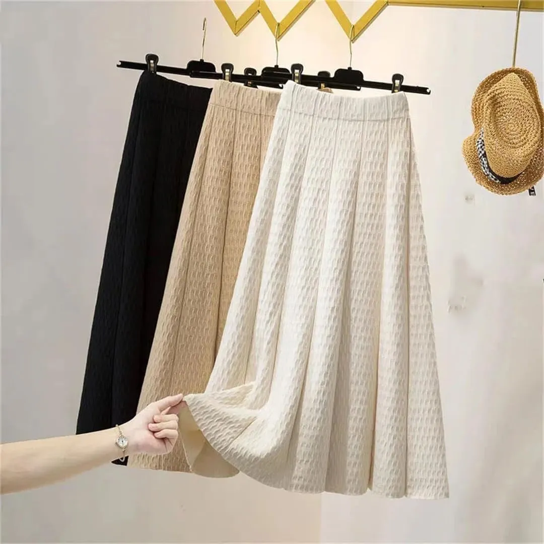 Women High Waist Knitted Midi Skirt Simple Solid Pleated Med-Long A-Line Skirts
