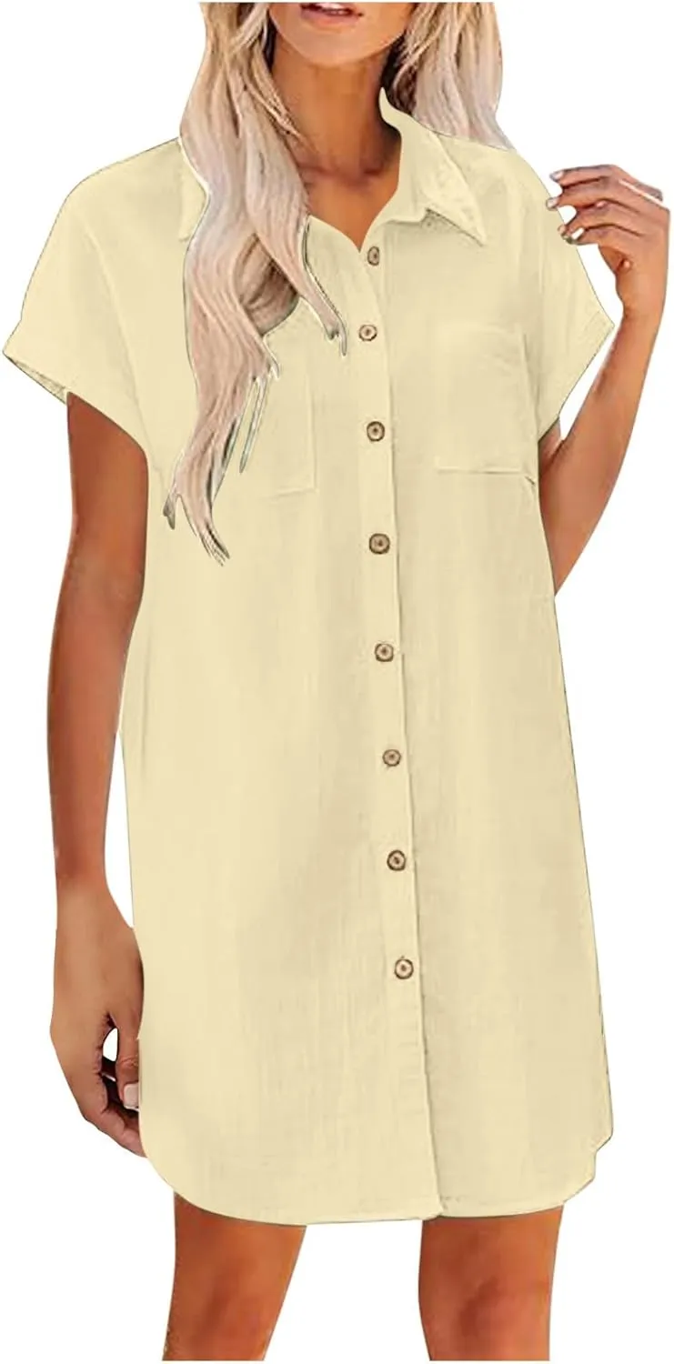 Women Loose Linen Mini Dress Summer Button Down T Shirt Dress Flowy Ruffle Short Sleeve Shift Dress with Pocket