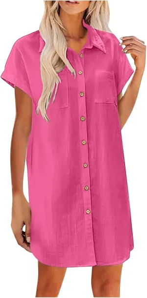Women Loose Linen Mini Dress Summer Button Down T Shirt Dress Flowy Ruffle Short Sleeve Shift Dress with Pocket