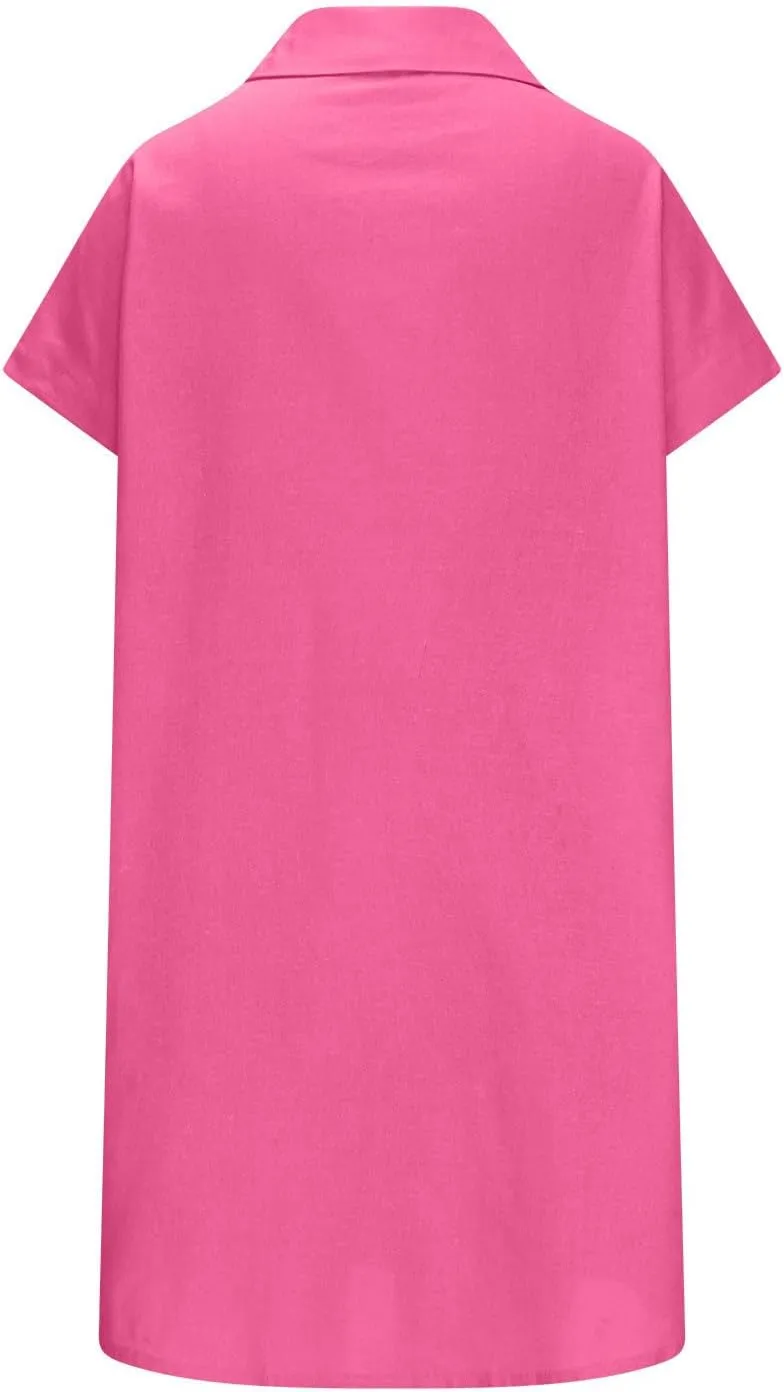 Women Loose Linen Mini Dress Summer Button Down T Shirt Dress Flowy Ruffle Short Sleeve Shift Dress with Pocket
