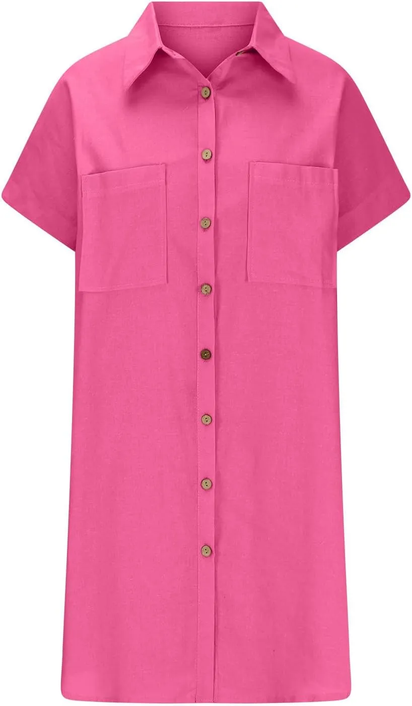 Women Loose Linen Mini Dress Summer Button Down T Shirt Dress Flowy Ruffle Short Sleeve Shift Dress with Pocket
