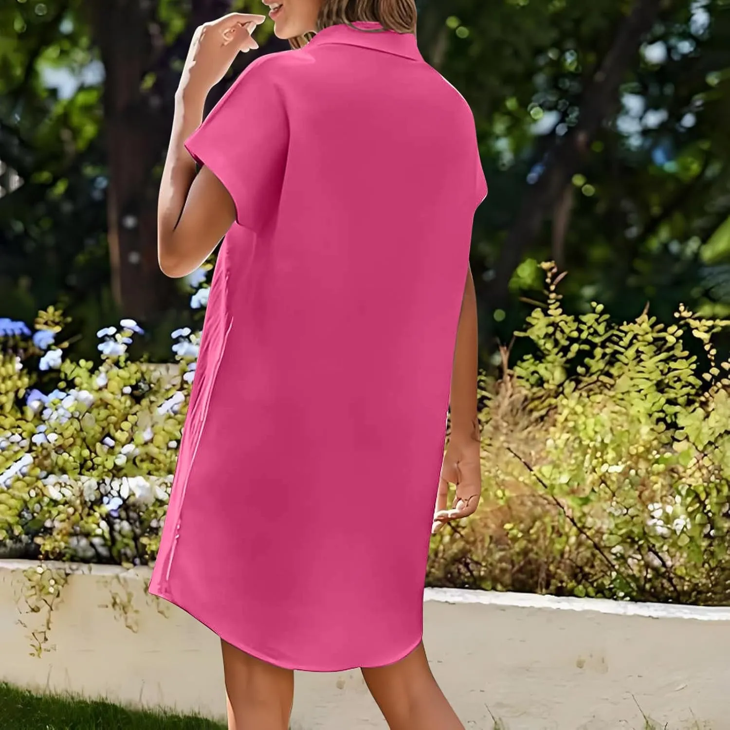 Women Loose Linen Mini Dress Summer Button Down T Shirt Dress Flowy Ruffle Short Sleeve Shift Dress with Pocket
