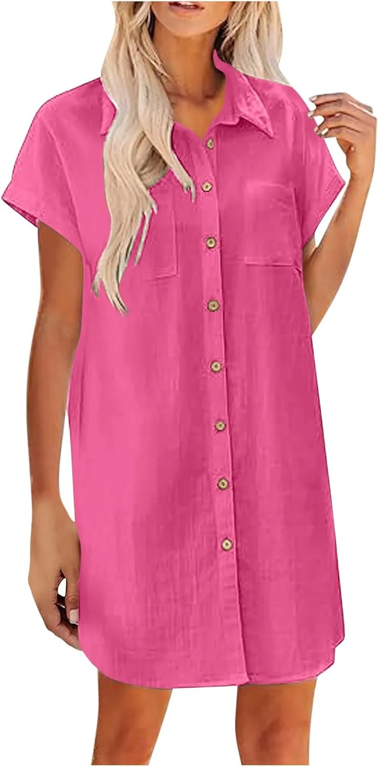 Women Loose Linen Mini Dress Summer Button Down T Shirt Dress Flowy Ruffle Short Sleeve Shift Dress with Pocket