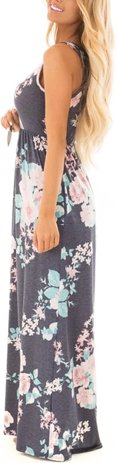 Women Racerback Floral Loose Swing Casual Tunic Beach Long Sleeveless Maxi Dresses with Pockets