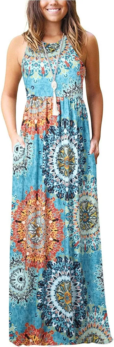 Women Racerback Floral Loose Swing Casual Tunic Beach Long Sleeveless Maxi Dresses with Pockets