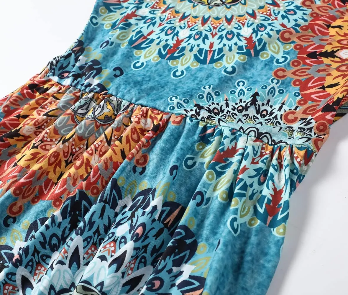 Women Racerback Floral Loose Swing Casual Tunic Beach Long Sleeveless Maxi Dresses with Pockets