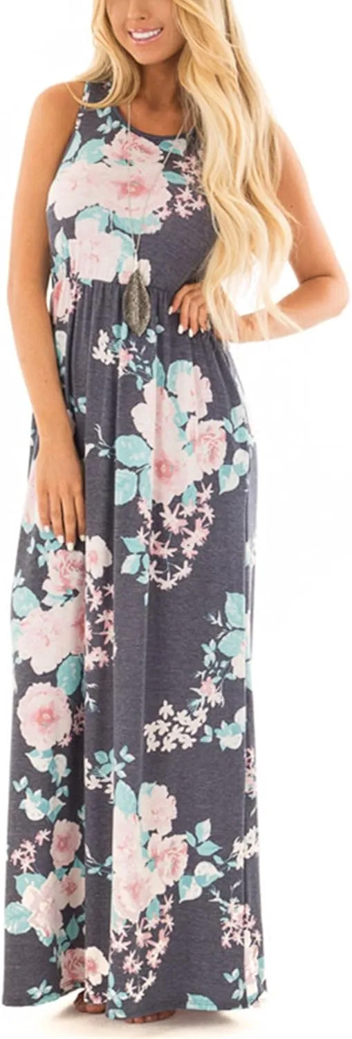 Women Racerback Floral Loose Swing Casual Tunic Beach Long Sleeveless Maxi Dresses with Pockets