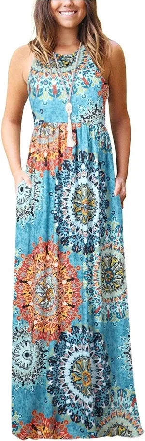Women Racerback Floral Loose Swing Casual Tunic Beach Long Sleeveless Maxi Dresses with Pockets