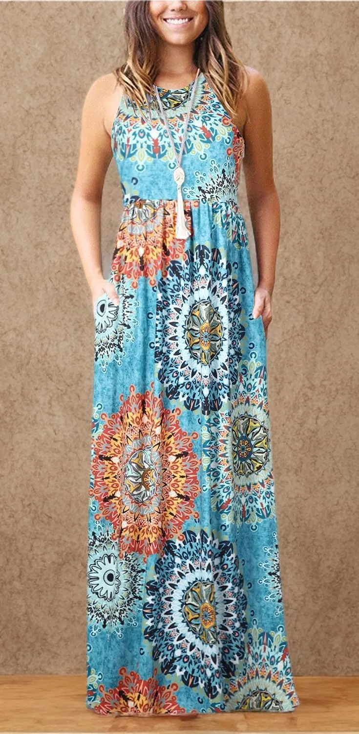Women Racerback Floral Loose Swing Casual Tunic Beach Long Sleeveless Maxi Dresses with Pockets