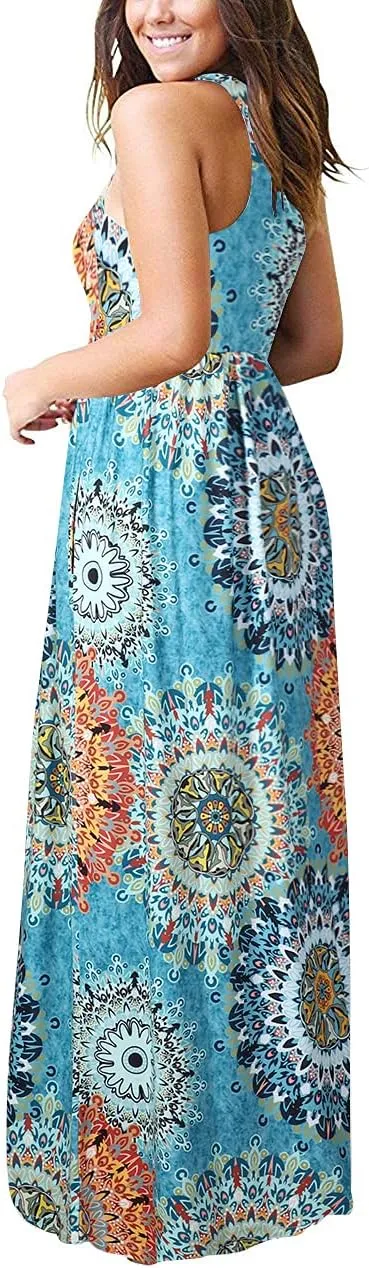 Women Racerback Floral Loose Swing Casual Tunic Beach Long Sleeveless Maxi Dresses with Pockets