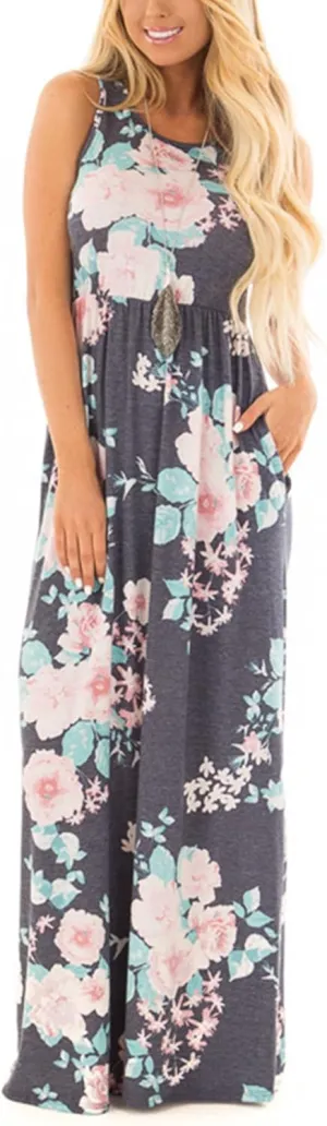Women Racerback Floral Loose Swing Casual Tunic Beach Long Sleeveless Maxi Dresses with Pockets