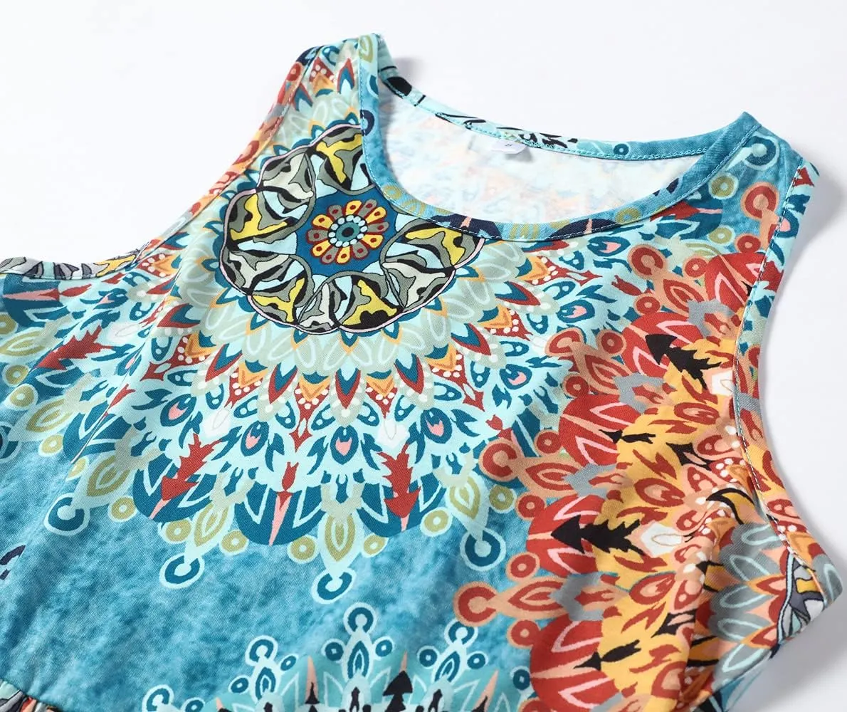 Women Racerback Floral Loose Swing Casual Tunic Beach Long Sleeveless Maxi Dresses with Pockets